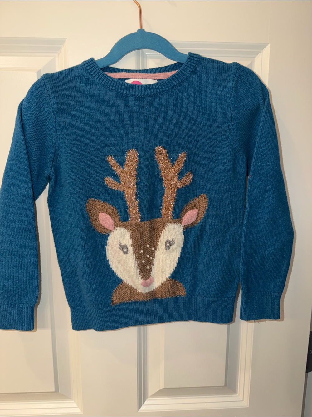 Mini Boden Teal Knit Kids Sweater with Reindeer